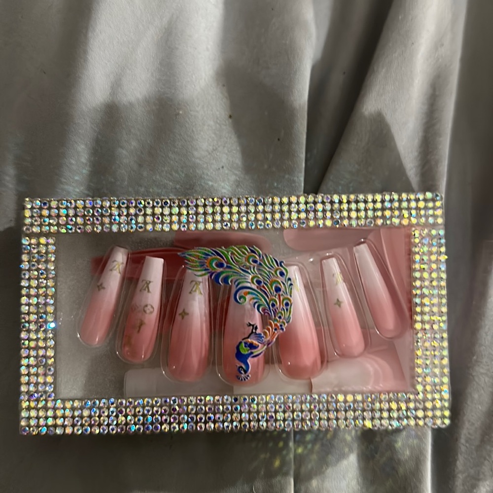 NWT pink with white tips acrylic nails so fine lv on them too
